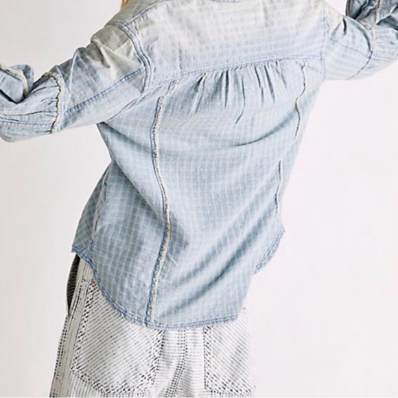 We The Free Washed Light Blue Plaid Pullover Shirt - Picture 4 of 5